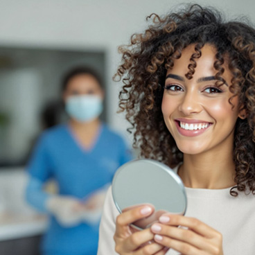 Woman smiling while holding small mirror